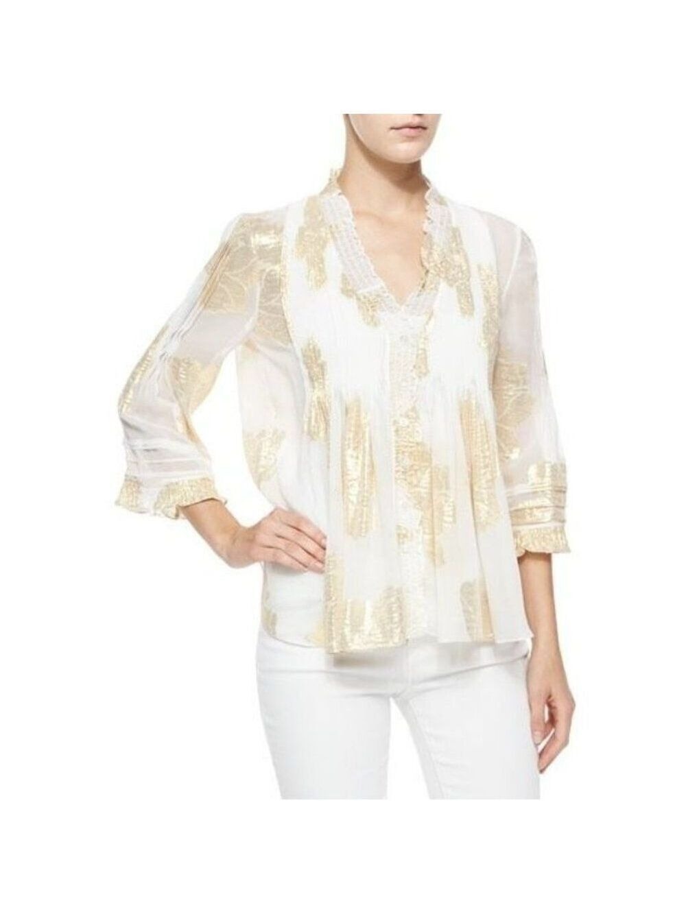 Diane von Furstenberg Layla Foil-Print Top Ivory/Gold size 2
